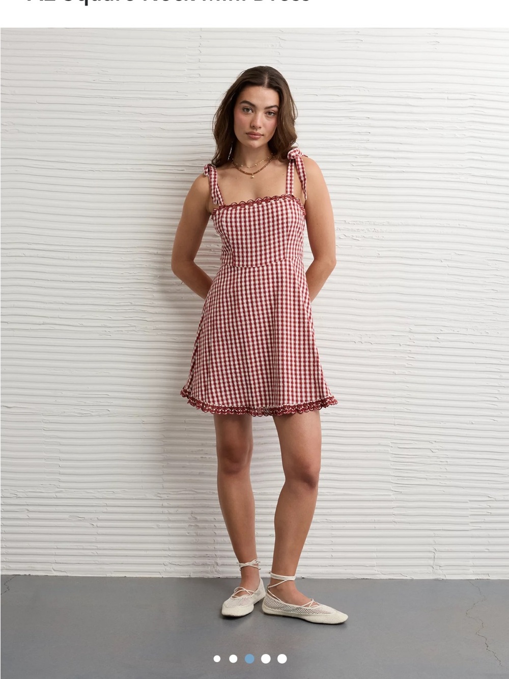 American Eagle Outfitters Red and White Gingham Tie-Shoulder Mini Dress